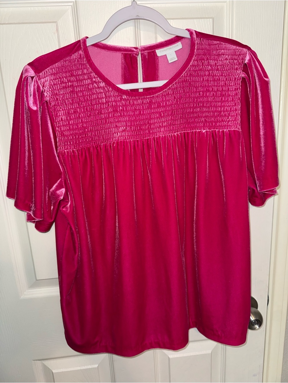 Charter Club Smocked Velvet Flutter-Sleeve Top - Hot Pink